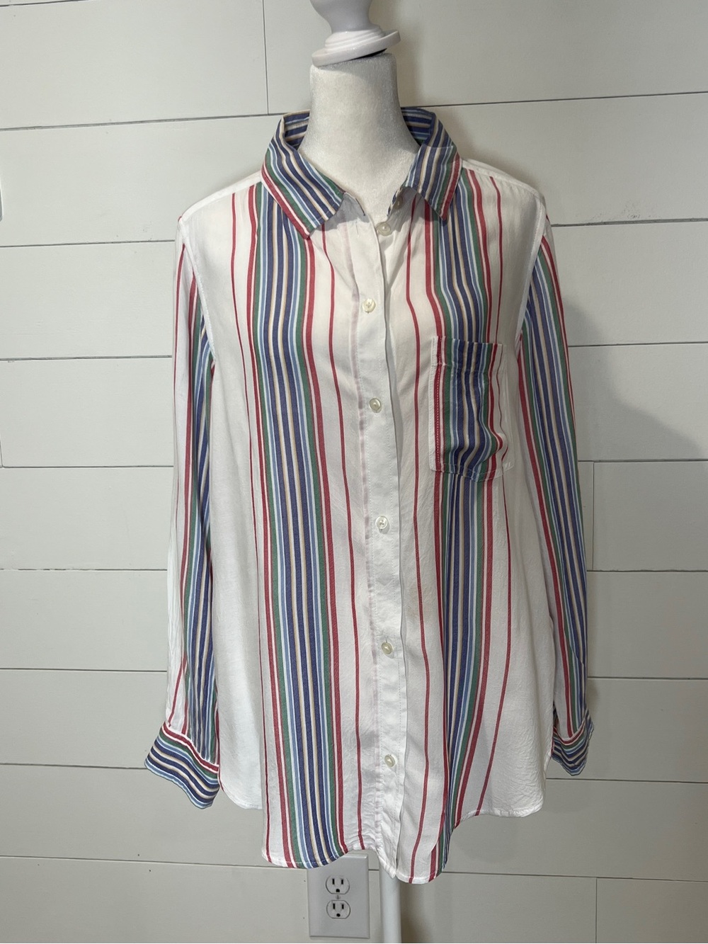 American Eagle Women's White Button-Front Striped Shirt with Blue & Red Stripes
